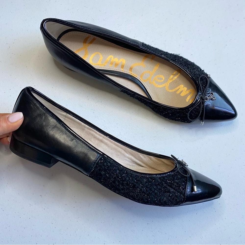 Sam Edelman Size 10 Black Faux Leather & Tweed Pointed Toe Slip-on Loafer Flat